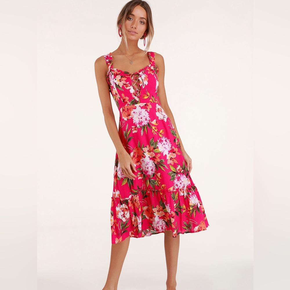 NWT Lulus Kayley Fuchsia Floral Midi Dress